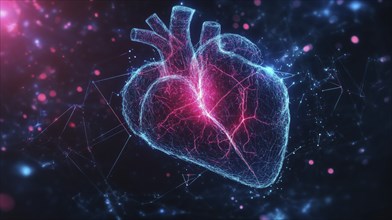 A digital heart glowing with neon blue and pink tones, surrounded by luminous lines and particles,