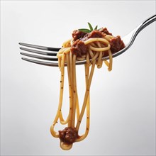 A fork holding strands of spaghetti with meat sauce, touched with basil leaf, in a clean