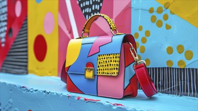 Handbag featuring colorful abstract art with geometric shapes and polka dots against a vibrant