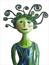 Whimsical green female sculpture with curly hair and a calm expression, AI generated