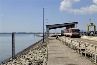 Harbour pier with NEG train, Dagebüll, North Frisia, Schleswig-Holstein, Germany, Europe