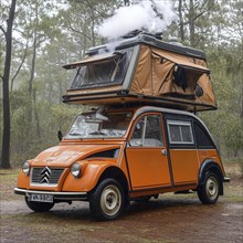 An orange retro car with a tent on its roof emits smoke while parked in a dense forest, AI