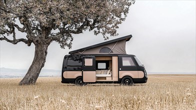 Black camper van under a tree in a scenic wheat field with a cloudy sky, evoking a minimalist