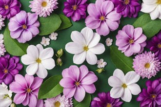 A colorful floral arrangement with white and pink flowers and green leaves on a dark green