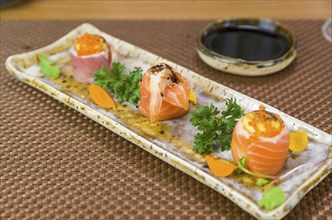 Platter decorated with different flavors of elegant sushi. Selective focus