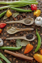 An assortment of veggies and spices and three wooden spoons