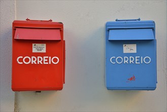 Red and blue mailboxes, Alfama, Lisbon, Lisbon District, Portugal, Europe