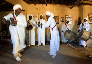 Morocco, traditional musicians with instruments, Pigeons du Sable group, Merzouga, Erg Chebbi