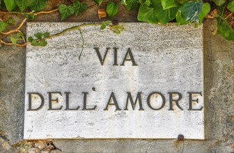 Street sign Via dell' Amore, Road of Love, Pienza, Val d'Orcia, Orcia Valley, Tuscany, Italy,