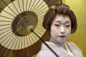 Geisha in traditional costume, portrait, umbrella, Omori, Tokyo, Japan, Asia