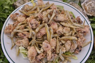 Fried fish, display at a fish restaurant in the fishing port of Calp or Calpe, Calp, Costa Blanca,