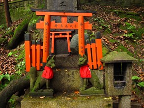 Miniature Red Gates of Torii and Fox Statues, Fushimi Inari Taisha Shrine, Kyoto, Japan, Asia