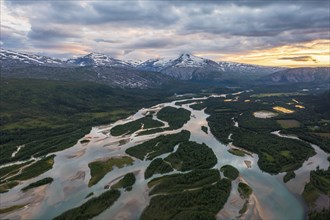 Aerial view, river delta with islands and mountains, river Glomåga, Mo i Rana, Norway, Europe