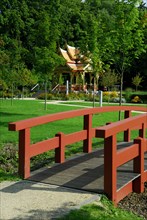 Siamese temple and wooden bridge, spa gardens, Bad Homburg, Hesse, Germany, Europe