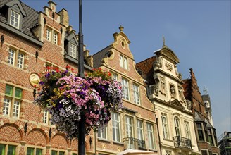 Petunias on lamppost, guildhall, guildhalls, Ghent, Belgium, Europe