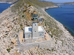 Drone shot, Akrotiri Tenaro lighthouse at the southernmost point of the Peloponnese, Cape Matapan,