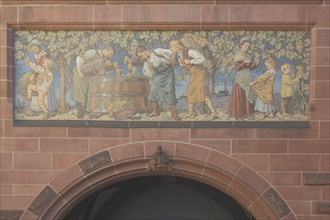 Mural of harvest time, wine culture, grapes, cider, workers, harvest, harvesting, scene, vintner,