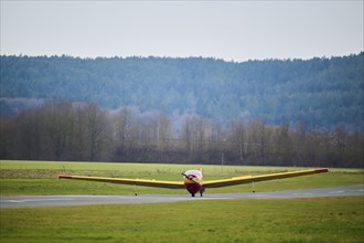 Lightweight aircraft takes off from an airfield in Neumarkt in der Oberpfalz, Bavaria, Germany,