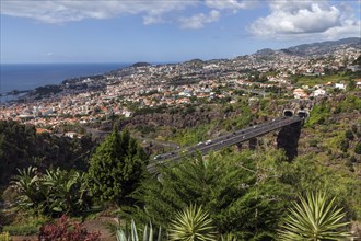 View from the botanical garden in Funchal, Jardim Botanico, to the city of Funchal, Madeira,