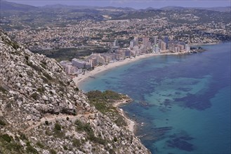 Calp and the Playa Levante beach from the rock Peñón de Ifach or Penyal d’Ifac, Costa Blanca, Calp,