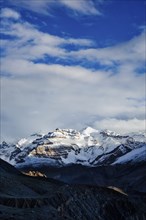 Himalayas snowcapped summit mountains in snow. Near Dhankar, Spiti Valley, Himachal Pradesh, India,