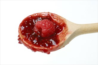 Raspberry jam on a wooden spoon, raspberry jam, Raspberry