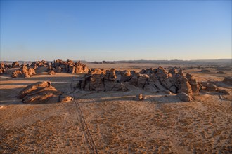 Rock landscape at Jabal Ithlib, blue hour, aerial view, Hegra or Madain Salih, AlUla region, Medina