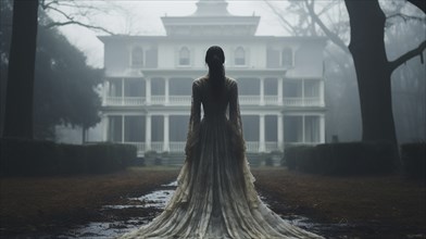 Eerie haunting ghostly female figure walking in front of a foggy southern plantation antebellum