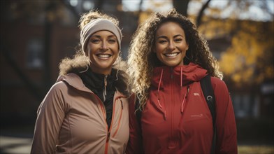 Happy Mixed-race female friends enjoying a healthy run in the park together. generative AI