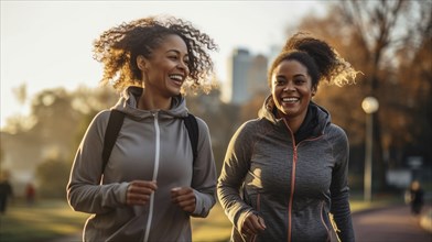 Happy african american female friends enjoying a healthy run in the park together. generative AI