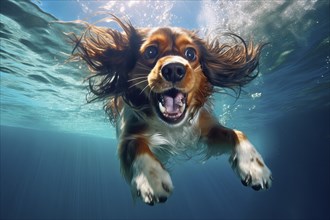 Cavalier King Charles Spaniel diving in a pool, AI Generated