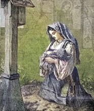 The Young Mother's Prayer for Her Baby in Front of a Cross, 1869, France, Historic, digitally