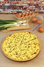 Swabian cuisine, salted cream cake with spring onions, hearty cake, salty shortcrust, baked, out of