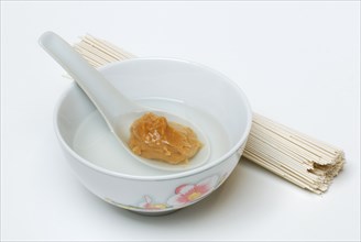 Noodles and light miso paste, paste, soy product, spoon, soup bowl, Japan, Asia