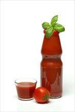 Tomato juice, bottle and glass, tomato, basil