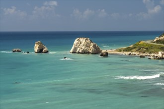 Petra tou Romiou, the Rock of Aphrodite on the coast in Kouklia near Paphos, Cyprus, Europe