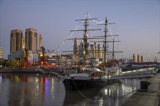 Museum ship ARA Uruguay in the harbour district of Puerto Madero in the evening, Buenos Aires,