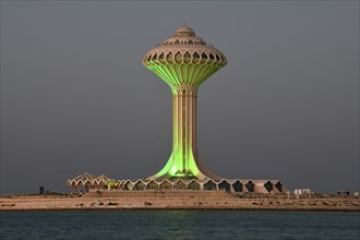 Illuminated water tower on the Corniche, blue hour, blue hour, Al Khobar, Ash Sharqiyah province,