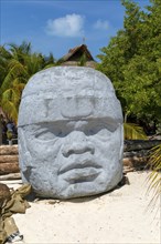 Recreation of historic Olmec colossoal head sculpture, Isla Mujeres, Caribbean Coast, Cancun,