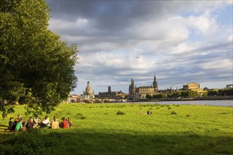 Dresden's old town silhouette in the summer sunlight, the Elbe is slightly flooded after heavy