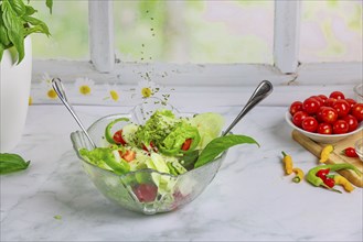 Chives fall on mixed salad in glass bowl, tomatoes and pepperoni in background