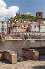 View over the Temo towards Bosa and the Malaspina Castle, Oristano Province, Sardinia, Italy, Bosa,