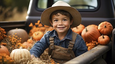 Delighted smiling young boy wearing overalls and a cowboy hat sitting in the back of a truck filled