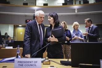 (R-L) Annalena Bärbock, Federal Minister for Foreign Affairs, recorded in conversation with Josep