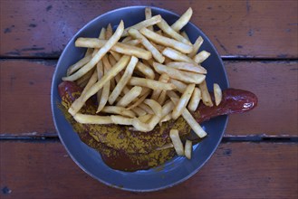 Currywurst served with fries in a beer garden, Bavaria, Deutschalmd