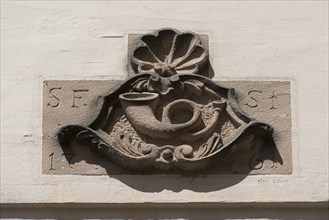 House sign from 1761, post sign relief from the Posthorn Inn, Glöckleinsgasse 2, Nuremberg, Middle