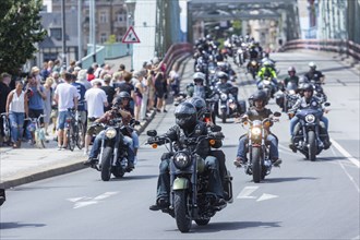 Harley Days Dresden, big ride through the city, here at the Elbe bridge Blaue Wunder