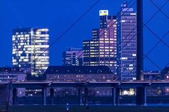 Düsseldorf, skyline of the city centre, skyscrapers, Rheinkniebrücke, Rhine