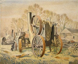 Agriculture, old tractor, machine, in the field, Painting by Eric William Ravilious (22 July 1903)