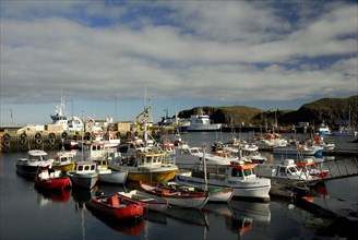 Boats in harbour, Stykkisholmur, Vesturland, Snaefellsnes Peninsula, Iceland, Europe